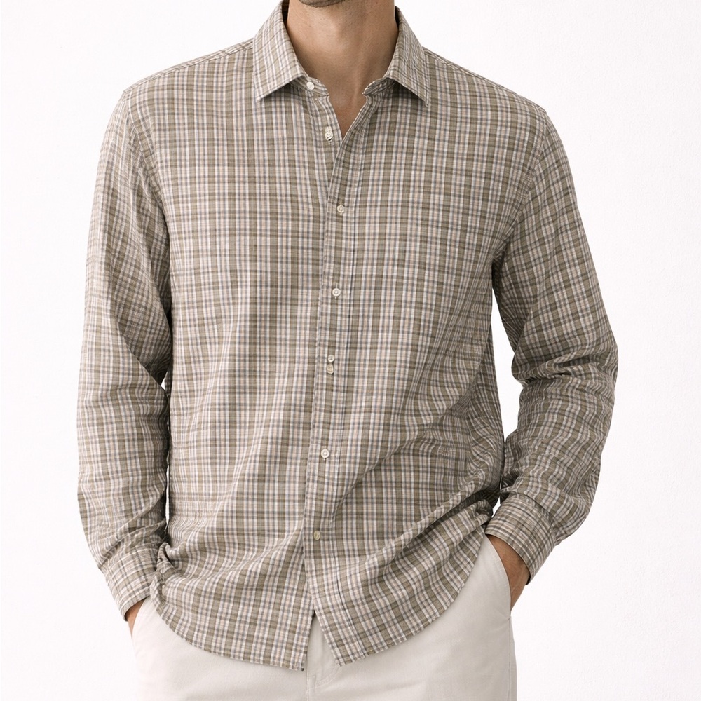 Vince Green Plaid Check Linen Blend Long Sleeve Classic Fit Button Down Small